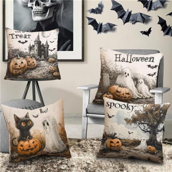 Set of 4 Halloween Pillow Covers -18x18 Inch 'Boo' Ghost‎ & Evil Pumpkin Cushion - Picture 2 of 7